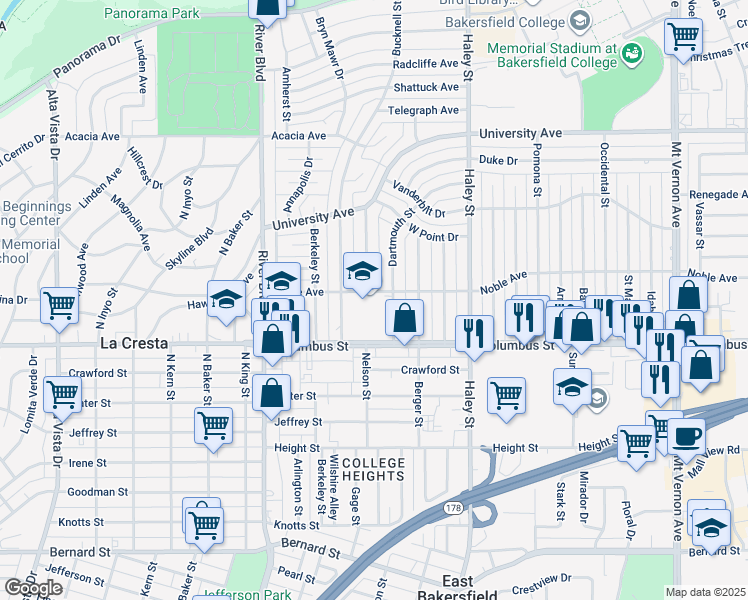 map of restaurants, bars, coffee shops, grocery stores, and more near 1101 Noble Avenue in Bakersfield