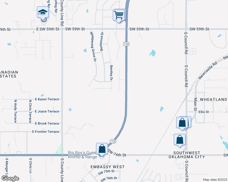 map of restaurants, bars, coffee shops, grocery stores, and more near 6620 Bentley Drive in Oklahoma City