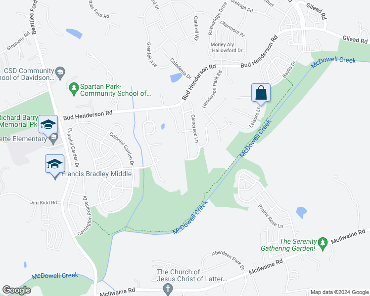 map of restaurants, bars, coffee shops, grocery stores, and more near 13421 Glenwyck Lane in Huntersville