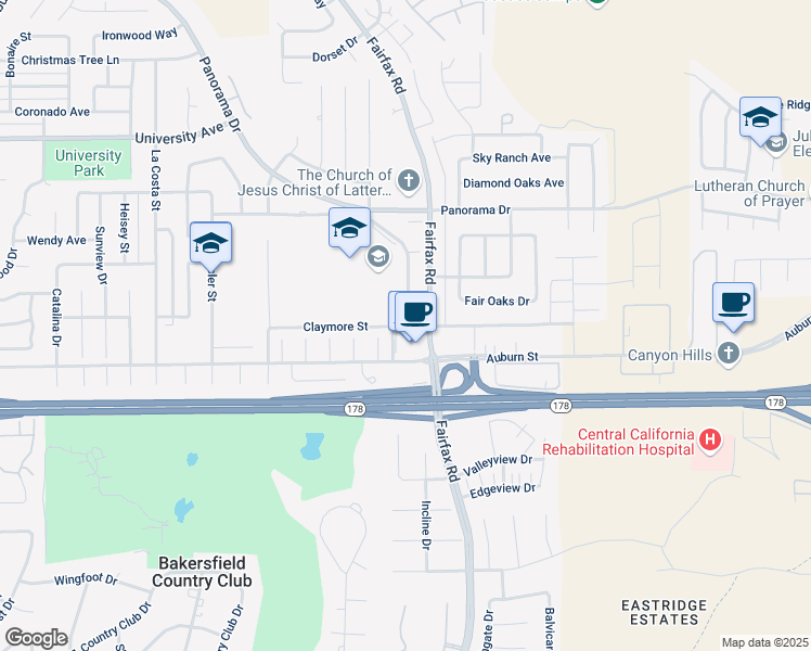 map of restaurants, bars, coffee shops, grocery stores, and more near 5600 Auburn Street in Bakersfield