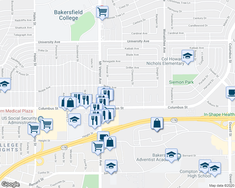map of restaurants, bars, coffee shops, grocery stores, and more near 2806 Rice Street in Bakersfield