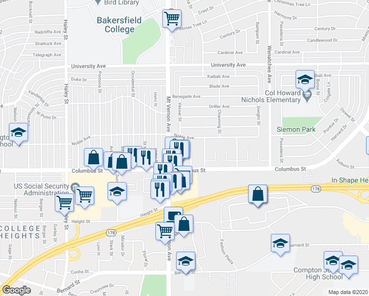 map of restaurants, bars, coffee shops, grocery stores, and more near 2401 Eric Way in Bakersfield