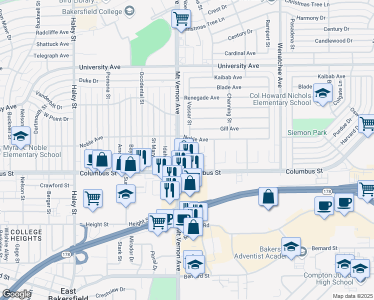 map of restaurants, bars, coffee shops, grocery stores, and more near 2401 Eric Way in Bakersfield