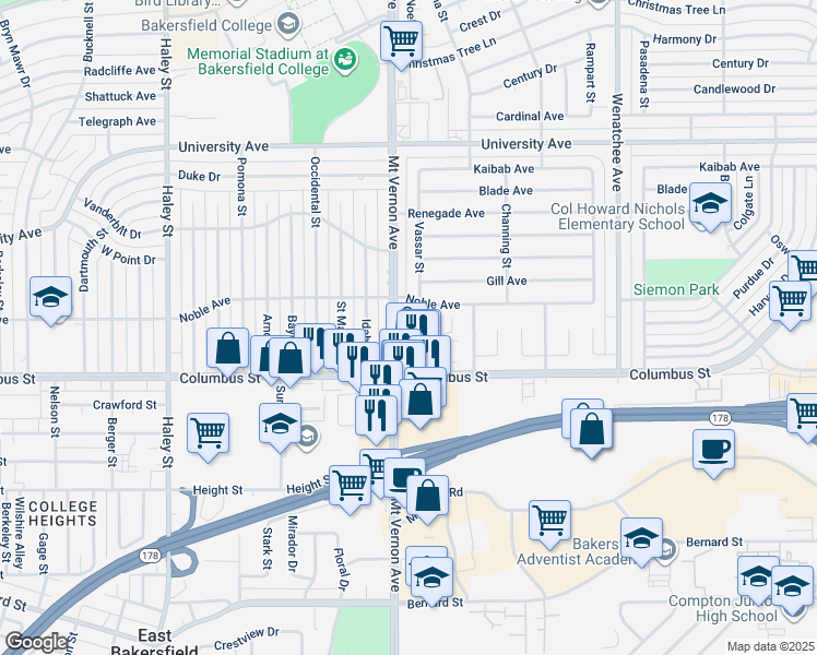 map of restaurants, bars, coffee shops, grocery stores, and more near 2401 Eric Way in Bakersfield