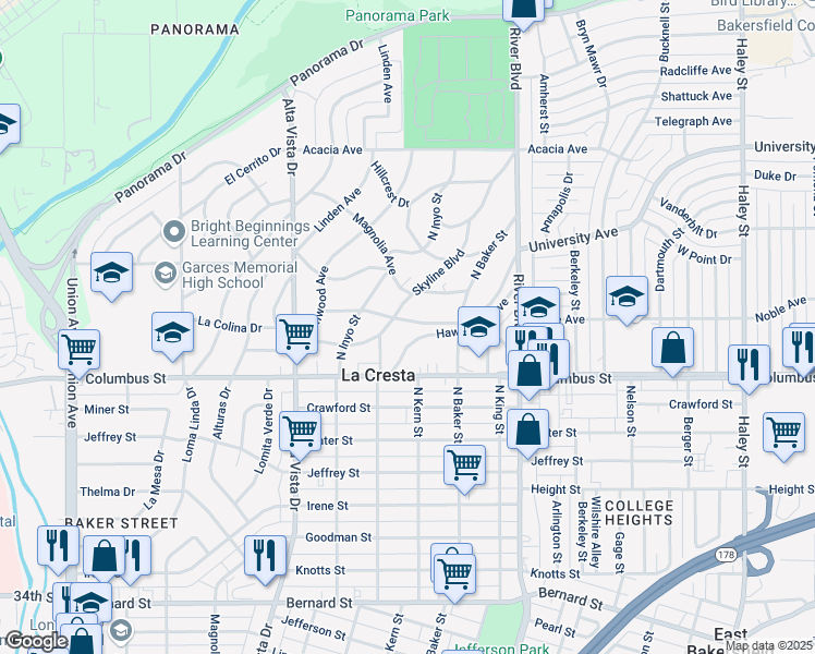 map of restaurants, bars, coffee shops, grocery stores, and more near 2715 Hawthorne Avenue in Bakersfield