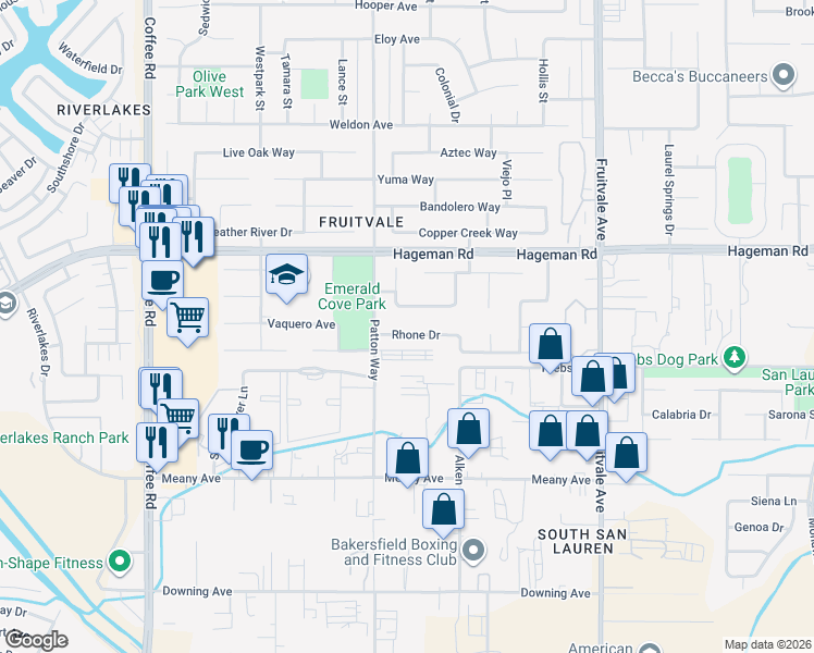 map of restaurants, bars, coffee shops, grocery stores, and more near 7119 Rhone Drive in Bakersfield