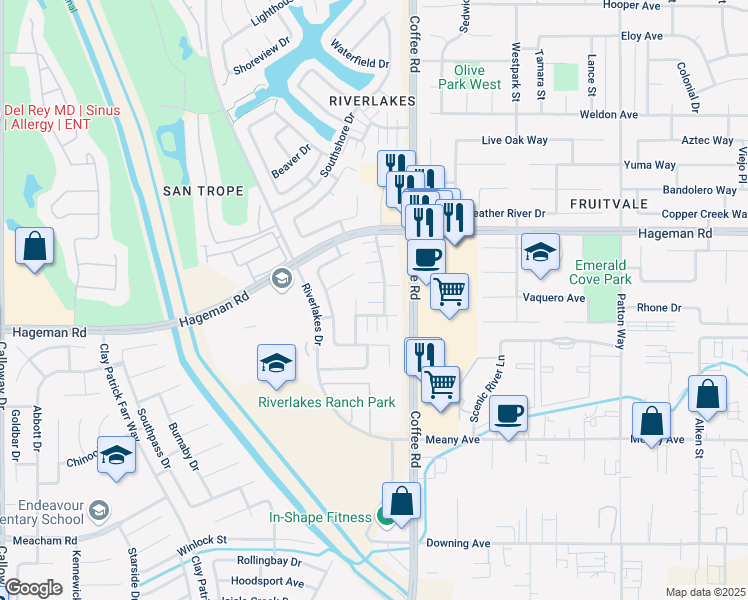 map of restaurants, bars, coffee shops, grocery stores, and more near 8211 Pebble Cove Court in Bakersfield