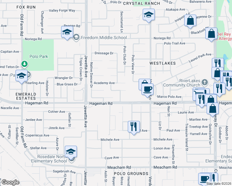 map of restaurants, bars, coffee shops, grocery stores, and more near 10903 New Forest Drive in Bakersfield
