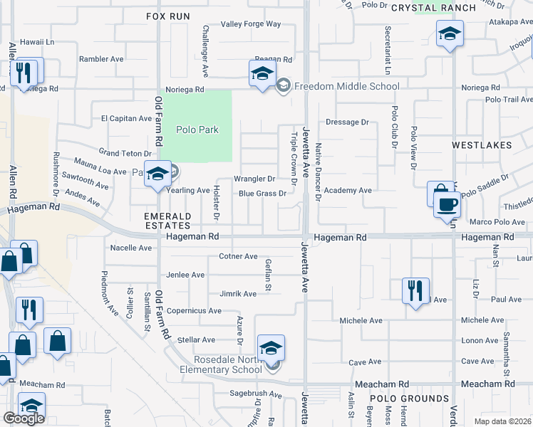 map of restaurants, bars, coffee shops, grocery stores, and more near 4201 Jewetta Avenue in Bakersfield