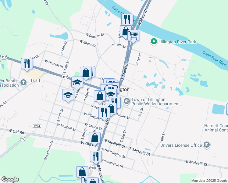 map of restaurants, bars, coffee shops, grocery stores, and more near 803 South Main Street in Lillington