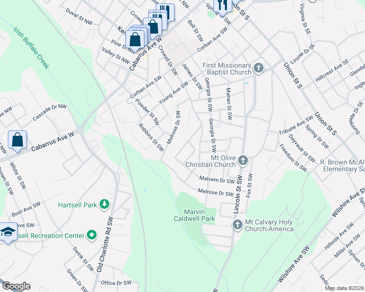 map of restaurants, bars, coffee shops, grocery stores, and more near 290 Hilltop Avenue Southwest in Concord