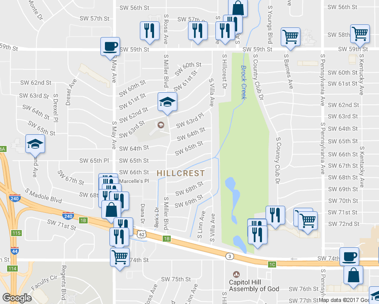 map of restaurants, bars, coffee shops, grocery stores, and more near 2524 Southwest 66th Street in Oklahoma City