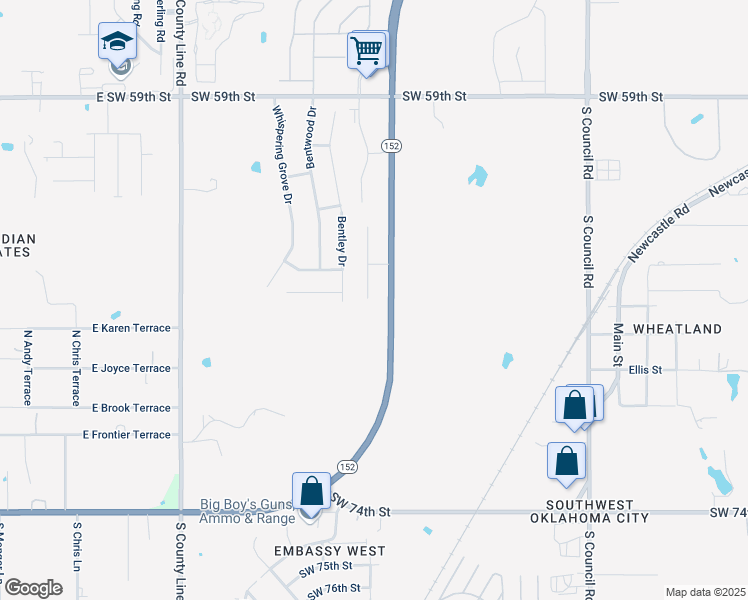 map of restaurants, bars, coffee shops, grocery stores, and more near 6620 Bentley Drive in Oklahoma City