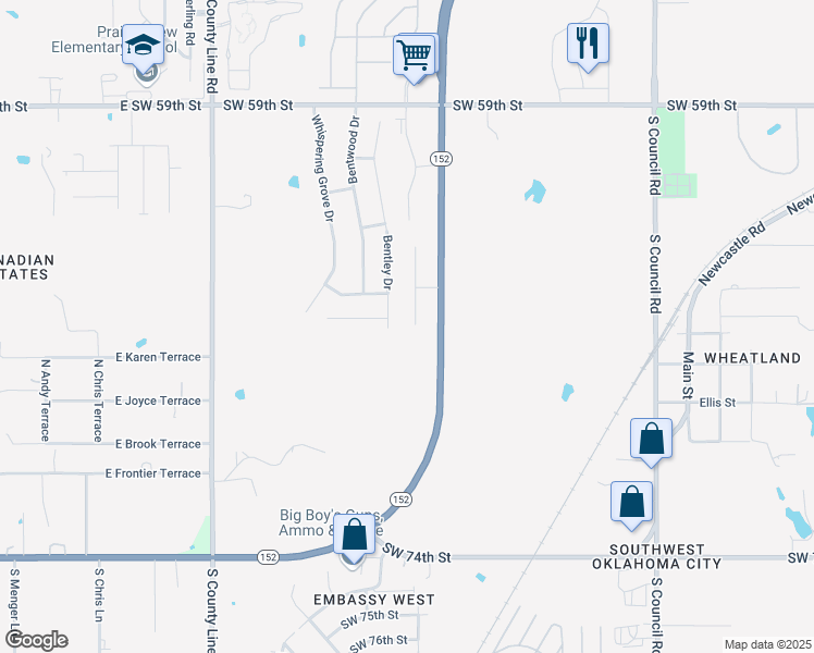 map of restaurants, bars, coffee shops, grocery stores, and more near 6620 Bentley Drive in Oklahoma City