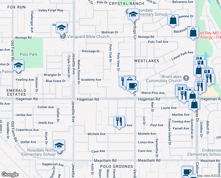 map of restaurants, bars, coffee shops, grocery stores, and more near 10803 Royal Ascot Avenue in Bakersfield