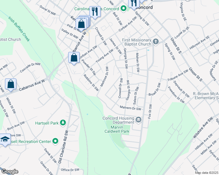 map of restaurants, bars, coffee shops, grocery stores, and more near 276 Hilltop Avenue Southwest in Concord