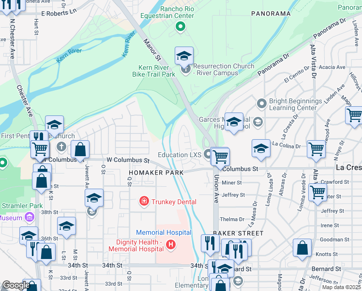 map of restaurants, bars, coffee shops, grocery stores, and more near 4312 Isla Verde Street in Bakersfield