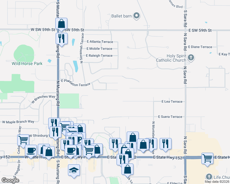 map of restaurants, bars, coffee shops, grocery stores, and more near 405 East Lea Terrace in Mustang