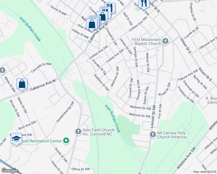 map of restaurants, bars, coffee shops, grocery stores, and more near 235 Melrose Drive Southwest in Concord