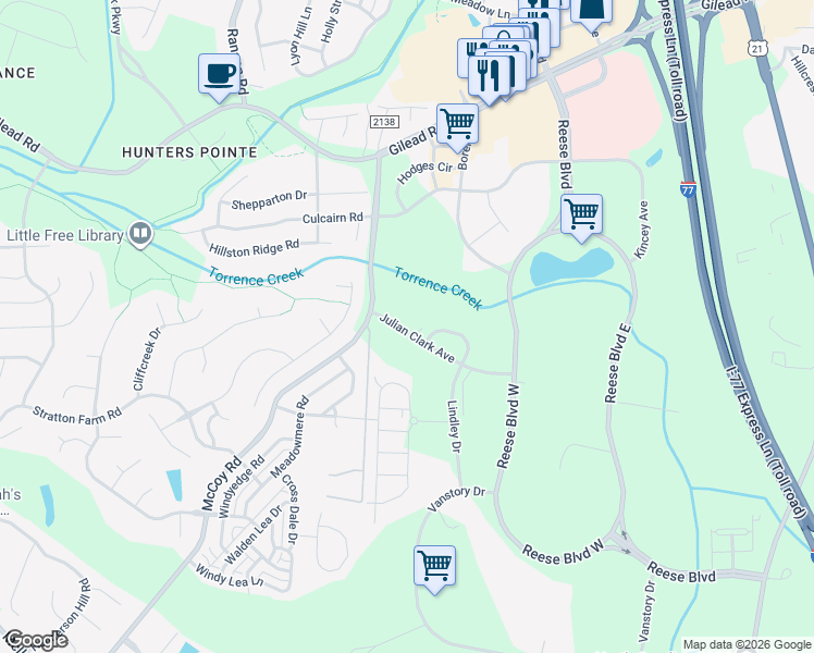 map of restaurants, bars, coffee shops, grocery stores, and more near 9535 Julian Clark Avenue in Huntersville