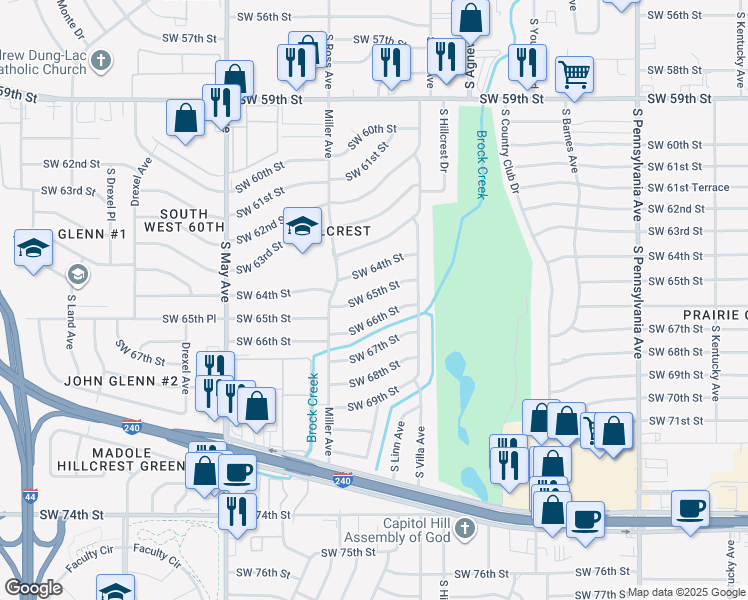 map of restaurants, bars, coffee shops, grocery stores, and more near 2524 Southwest 66th Street in Oklahoma City