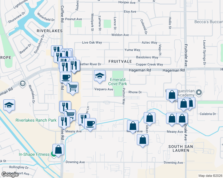 map of restaurants, bars, coffee shops, grocery stores, and more near 7500 Vaquero Avenue in Bakersfield