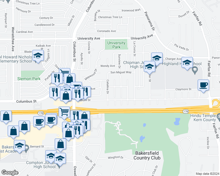 map of restaurants, bars, coffee shops, grocery stores, and more near 2809 Catalina Drive in Bakersfield