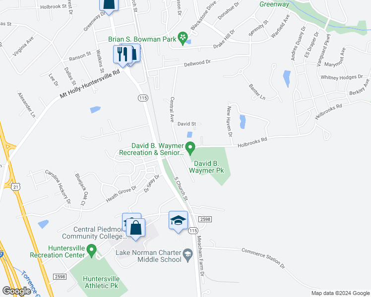 map of restaurants, bars, coffee shops, grocery stores, and more near 13915 Holbrooks Road in Huntersville