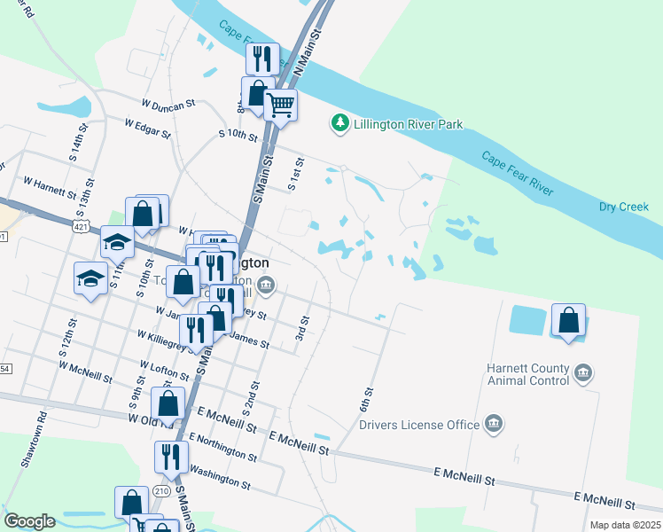 map of restaurants, bars, coffee shops, grocery stores, and more near 75 Rolling Waters Court in Lillington