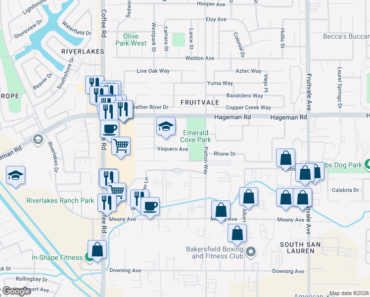 map of restaurants, bars, coffee shops, grocery stores, and more near 7400 Maleta Court in Bakersfield