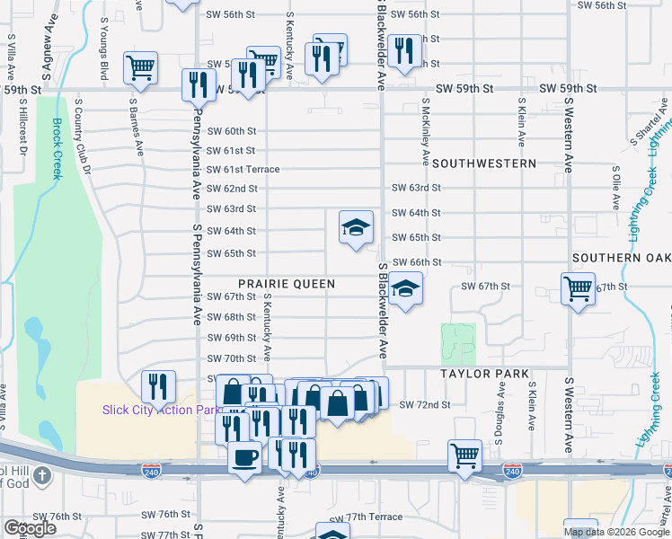 map of restaurants, bars, coffee shops, grocery stores, and more near 6701 South Indiana Avenue in Oklahoma City