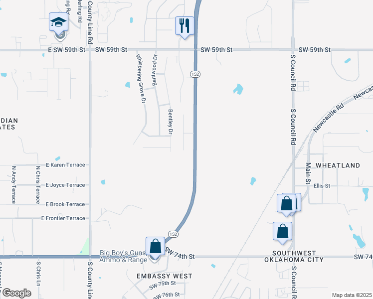 map of restaurants, bars, coffee shops, grocery stores, and more near 6620 Bentley Drive in Oklahoma City