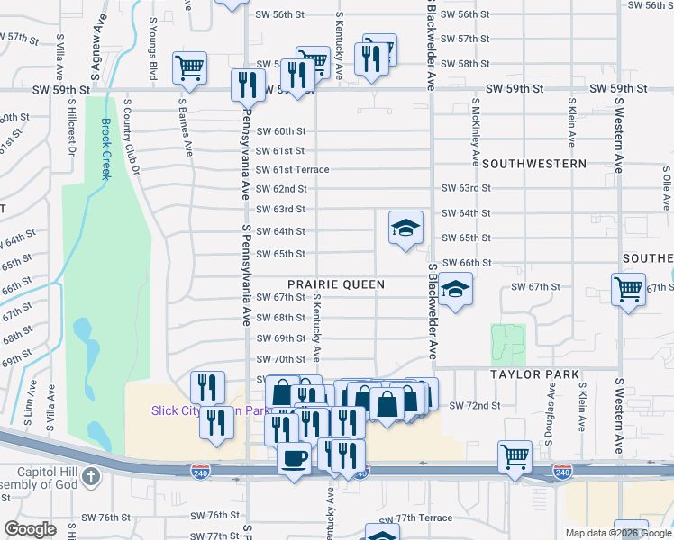 map of restaurants, bars, coffee shops, grocery stores, and more near 1429 Southwest 67th Street in Oklahoma City