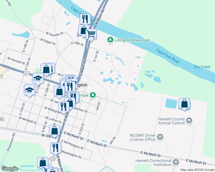 map of restaurants, bars, coffee shops, grocery stores, and more near 703 South 3rd Street in Lillington