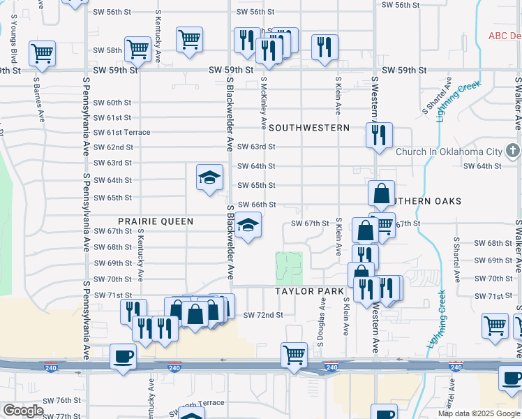 map of restaurants, bars, coffee shops, grocery stores, and more near 1200 Southwest 66th Street in Oklahoma City