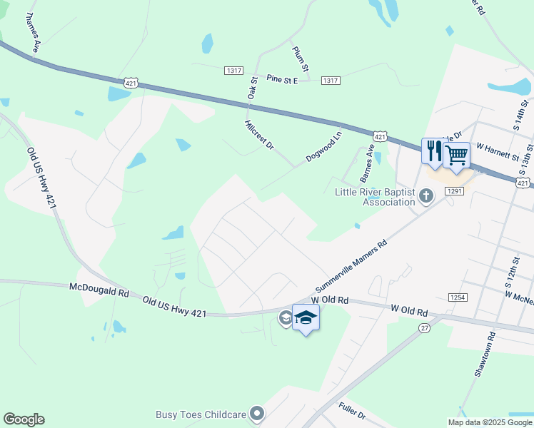 map of restaurants, bars, coffee shops, grocery stores, and more near 402 Womble Drive in Lillington
