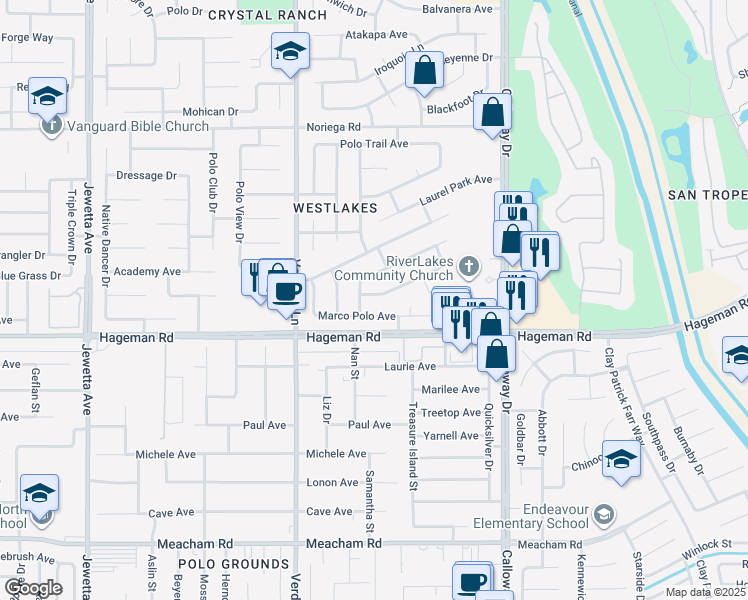 map of restaurants, bars, coffee shops, grocery stores, and more near 10203 Thistledown Lane in Bakersfield