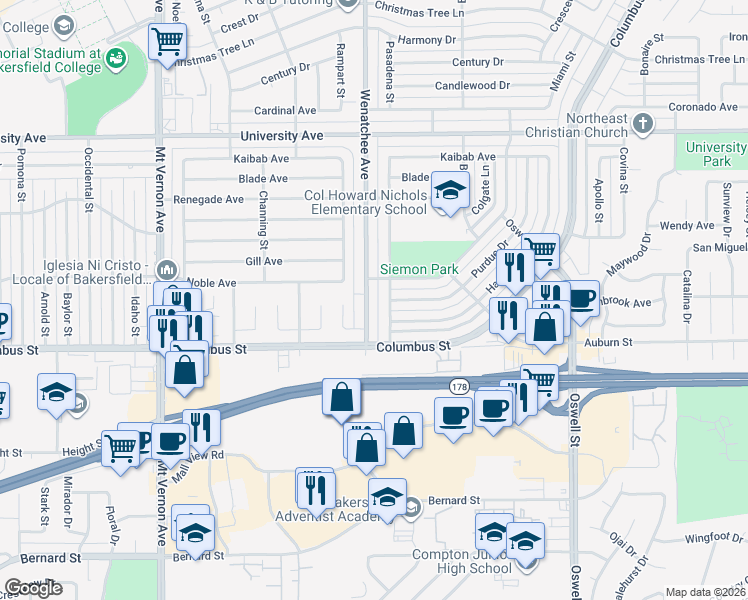 map of restaurants, bars, coffee shops, grocery stores, and more near 2901 Wenatchee Avenue in Bakersfield