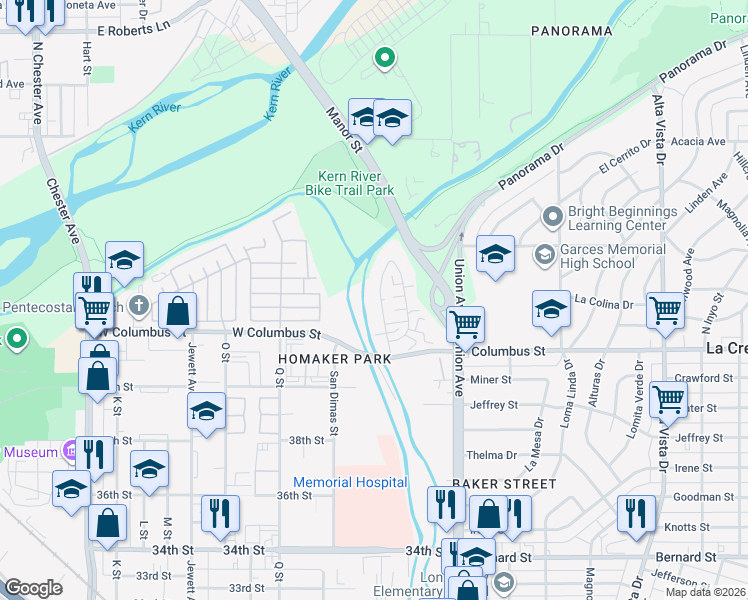 map of restaurants, bars, coffee shops, grocery stores, and more near 4317 Isla Verde Street in Bakersfield