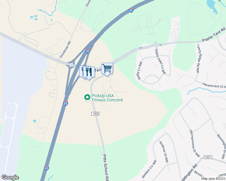 map of restaurants, bars, coffee shops, grocery stores, and more near Shelton Road Northwest in Concord