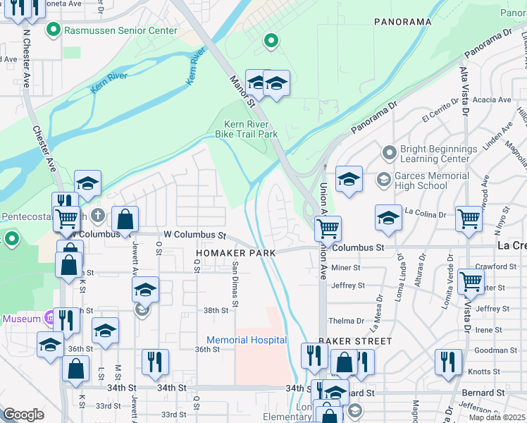 map of restaurants, bars, coffee shops, grocery stores, and more near 4317 Isla Verde Street in Bakersfield