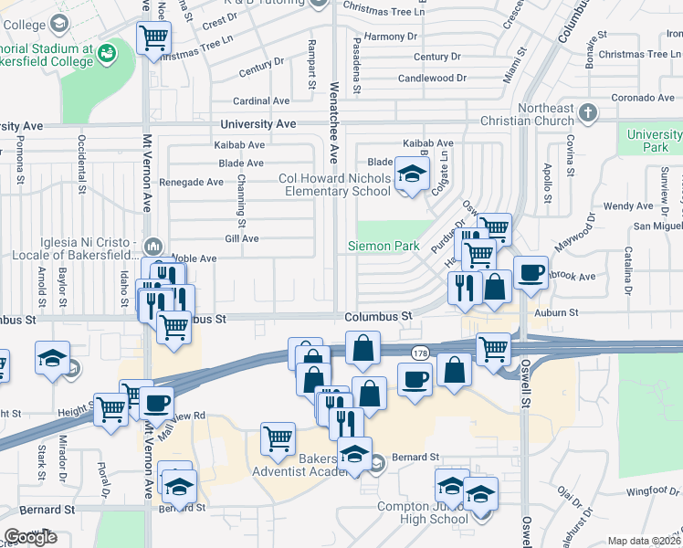 map of restaurants, bars, coffee shops, grocery stores, and more near 2901 Wenatchee Avenue in Bakersfield