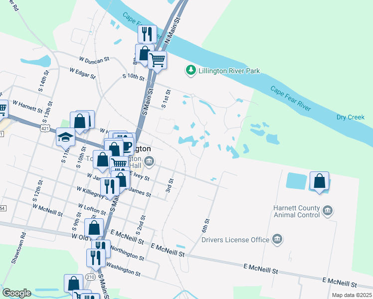 map of restaurants, bars, coffee shops, grocery stores, and more near 75 Rolling Waters Court in Lillington