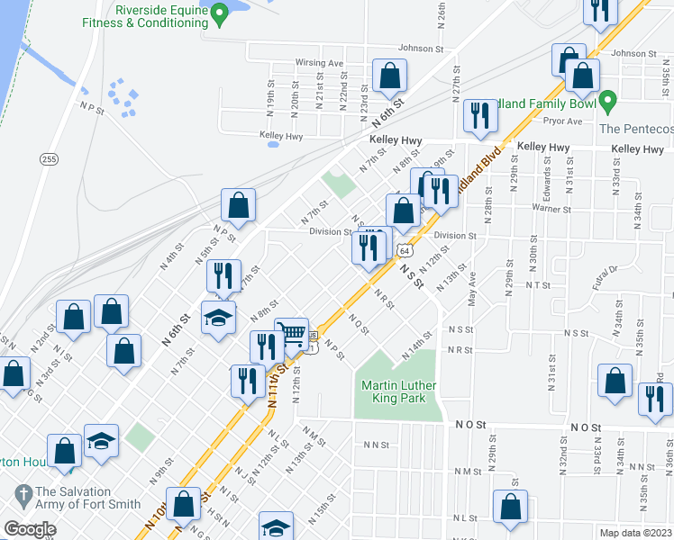 map of restaurants, bars, coffee shops, grocery stores, and more near 1821 North 9th Street in Fort Smith