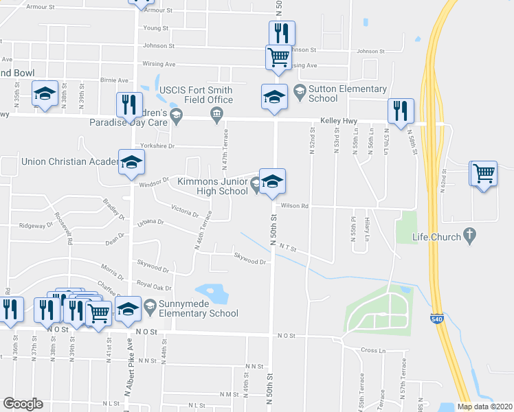 map of restaurants, bars, coffee shops, grocery stores, and more near 2201 North 50th Street in Fort Smith