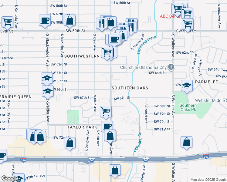 map of restaurants, bars, coffee shops, grocery stores, and more near 6616 South Western Avenue in Oklahoma City