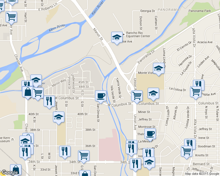 map of restaurants, bars, coffee shops, grocery stores, and more near 4413 Isla Verde Street in Bakersfield