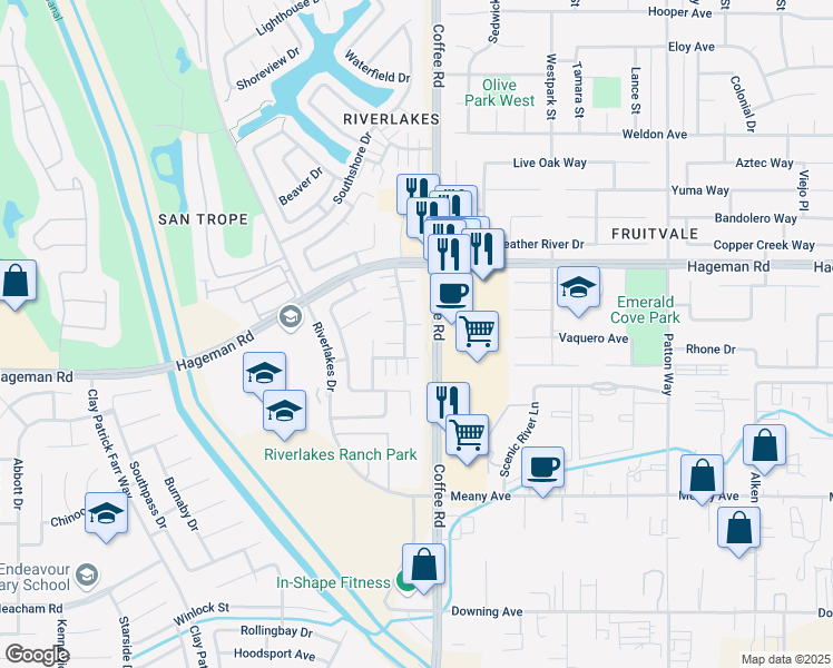 map of restaurants, bars, coffee shops, grocery stores, and more near 4400 Pebble Creek Drive in Bakersfield