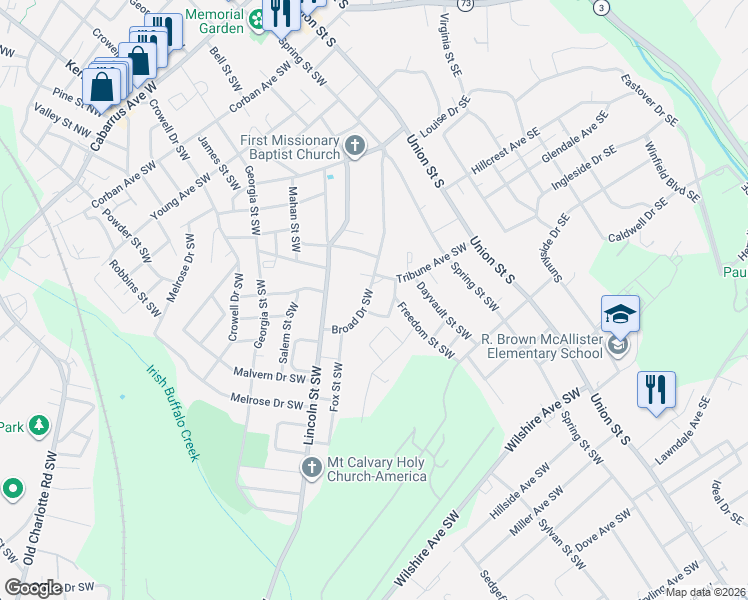 map of restaurants, bars, coffee shops, grocery stores, and more near 303 Broad Drive Southwest in Concord