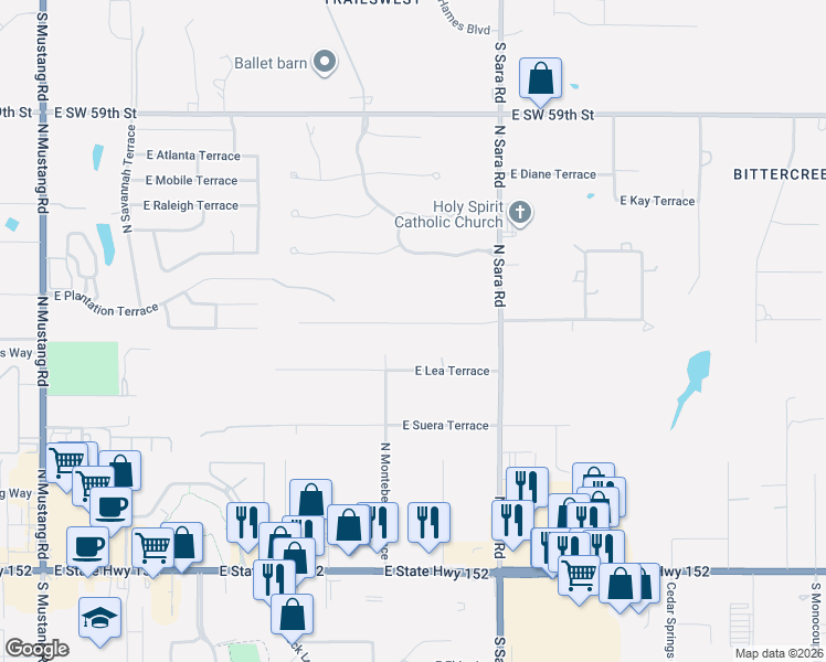 map of restaurants, bars, coffee shops, grocery stores, and more near 909 North Sara Road in Mustang
